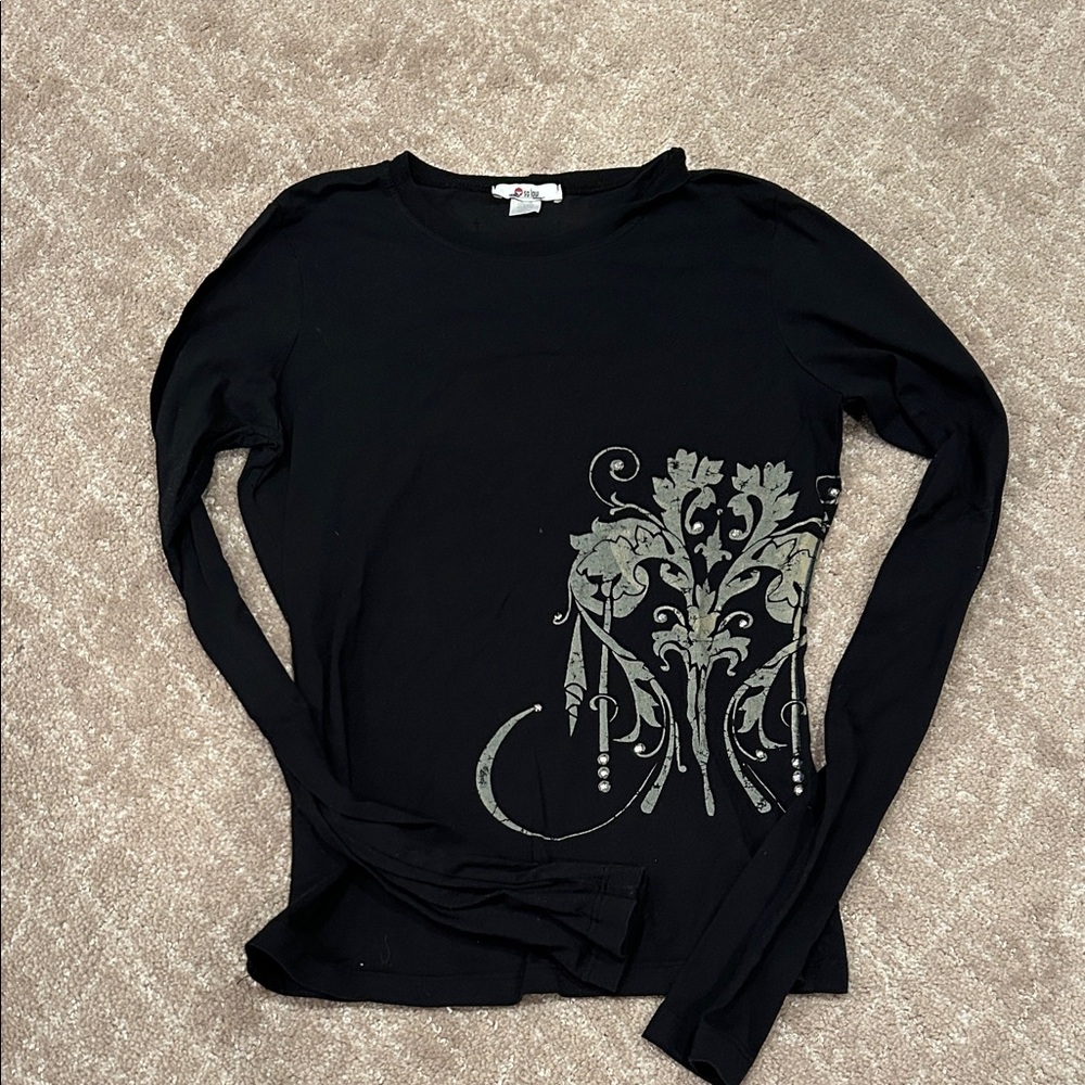 Elegant Black Studded  Long Sleeve Top with Floral Design